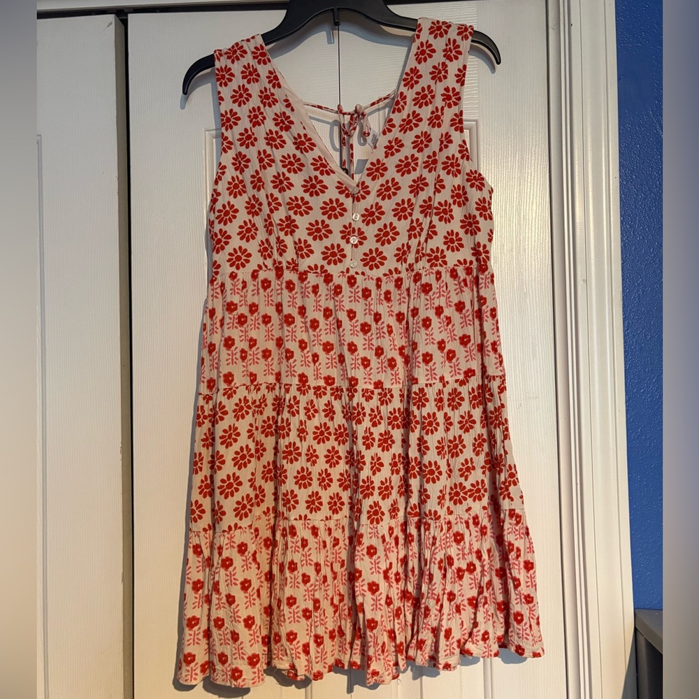 Japna Cream Mini Dress with Orange Red Floral Print